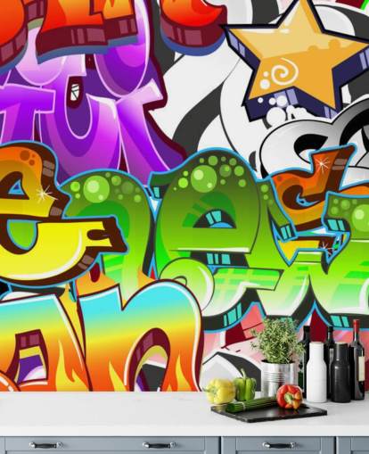 mural de papel de parede de grafite personalizável multicolorido chamado Graffiti Wall Art para quarto de adolescente 