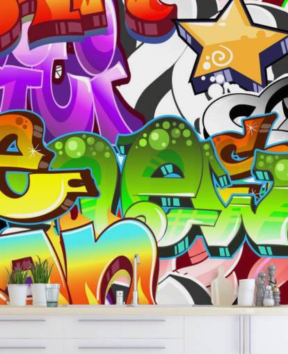 multicolored customizable graffiti wallpaper mural called Graffiti Wall Art for teen's bedroom 