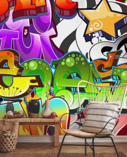 papier peint graffiti personnalisable multicolore appelé Graffiti Wall Art pour chambre d'adolescent 