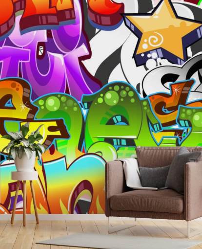 monivärinen mukautettava graffiti-taustakuvamaalaus nimeltä Graffiti Wall Art teini-ikäisten makuuhuoneeseen 