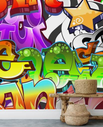 mural de papel pintado de graffiti personalizable multicolor llamado Graffiti Wall Art para dormitorio de adolescentes 