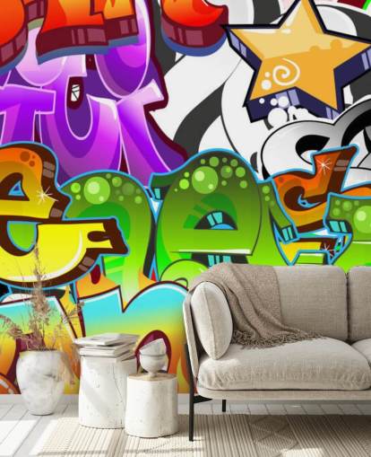 multicolored customizable graffiti wallpaper mural called Graffiti Wall Art for teen's bedroom 