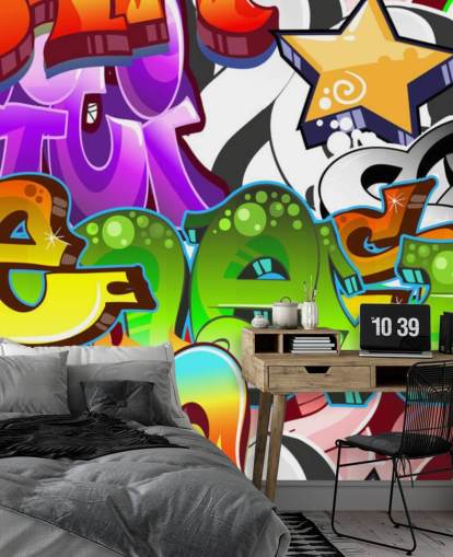 carta da parati murale multicolore personalizzabile con graffiti chiamata Graffiti Wall Art per la camera dei ragazzi 