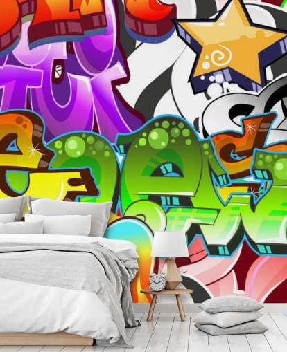 mural de papel pintado de graffiti personalizable multicolor llamado Graffiti Wall Art para dormitorio de adolescentes 