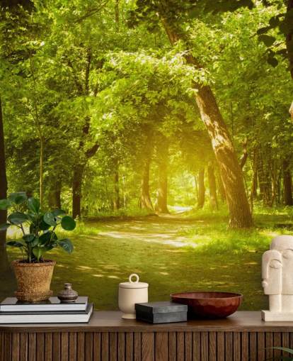 Glowing Sun in Green Forest Wallpaper