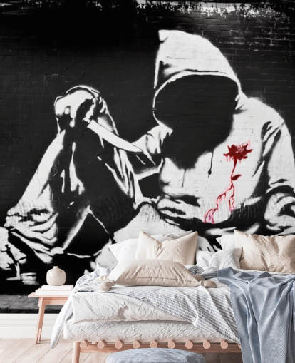 Banksy huppari veitsellä Graffiti -seinämaalaus Banksy huppari veitsellä Graffiti -seinämaalaus