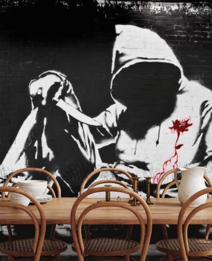 Mural Grafiti con capucha y cuchillo de Banksy