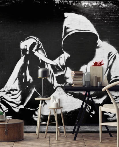 Banksy huppari veitsellä Graffiti -seinämaalaus Banksy huppari veitsellä Graffiti -seinämaalaus