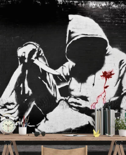 Mural Grafiti con capucha y cuchillo de Banksy