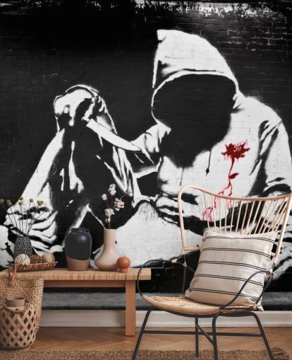 Mural Grafiti con capucha y cuchillo de Banksy