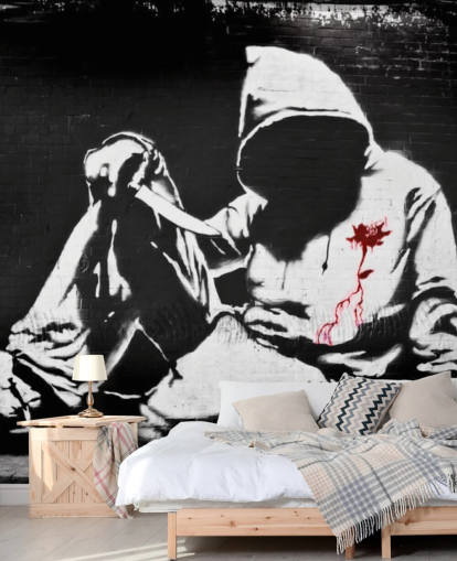 Mural Grafiti con capucha y cuchillo de Banksy Mural Grafiti con capucha y cuchillo de Banksy