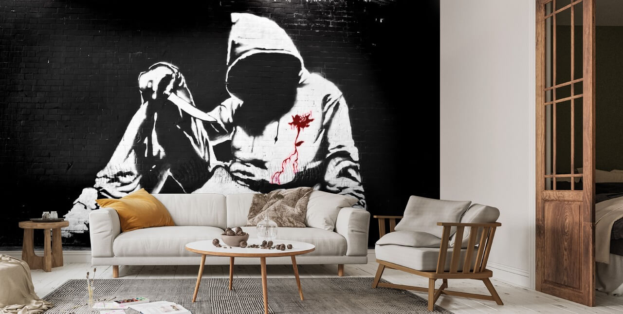 bibliothecaris Nationaal volkslied De slaapkamer schoonmaken Banksy Hoodie met Mes Graffiti Behang | Wallsauce NL