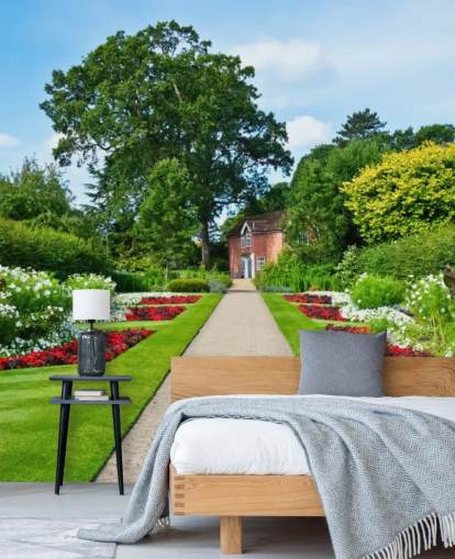 mural de papel de parede verde personalizado de paisagem de jardim chamado English Country Garden para casas de repouso e escritórios 