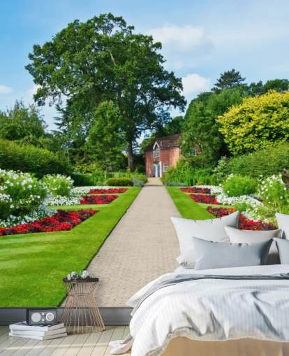 mural de papel pintado verde personalizado con paisaje de jardín llamado English Country Garden para residencias de ancianos y oficinas 