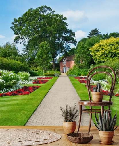 groene op maat gemaakte tuinlandschap behangmuurschildering genaamd English Country Garden voor verzorgingstehuizen en kantoren 