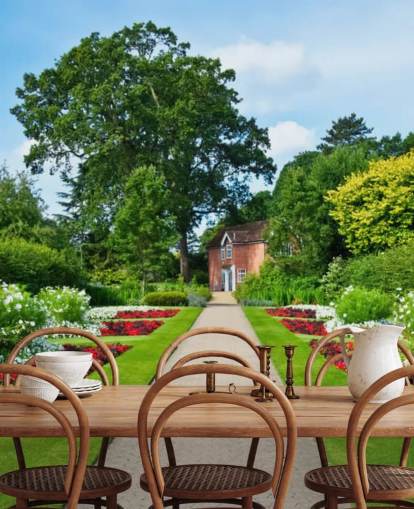vihreä mukautettu puutarhamaisematapetti seinämaalaus nimeltä English Country Garden hoivakoteihin ja toimistoihin 