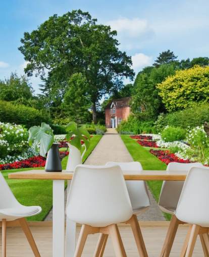 grønt tilpasset hagelandskapstapet veggmaleri kalt English Country Garden for omsorgsboliger og kontorer 