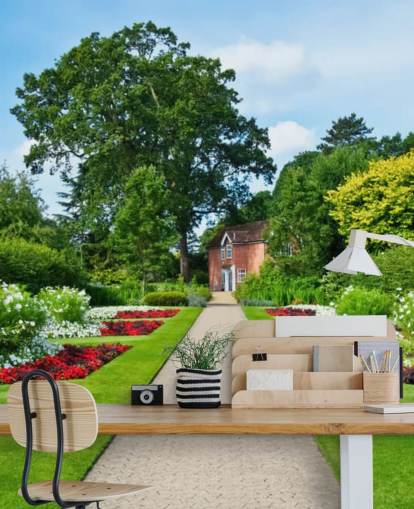 groene op maat gemaakte tuinlandschap behangmuurschildering genaamd English Country Garden voor verzorgingstehuizen en kantoren 