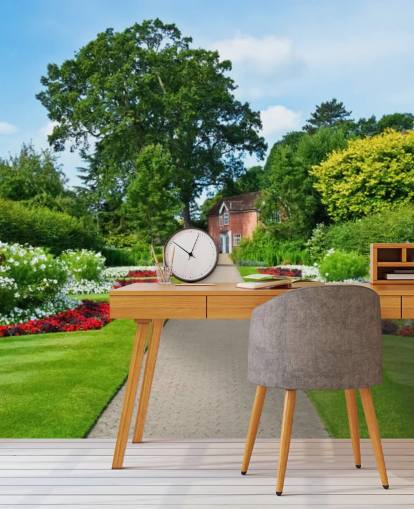 mural de papel de parede verde personalizado de paisagem de jardim chamado English Country Garden para casas de repouso e escritórios 