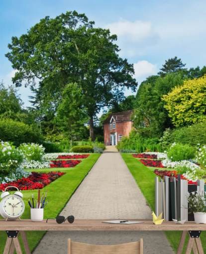 grünes kundenspezifisches Gartenlandschaftstapeten-Wandbild namens English Country Garden für Pflegeheime und Büros 