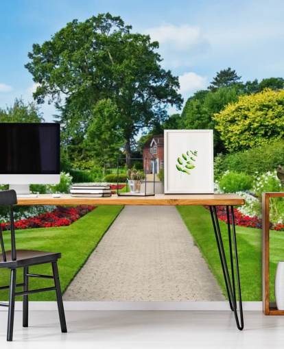 papier peint mural de paysage de jardin personnalisé vert appelé English Country Garden pour les maisons de retraite et les bureaux 