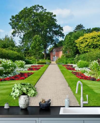 grønt brugerdefineret havelandskabstapetmaleri kaldet English Country Garden til plejehjem og kontorer 