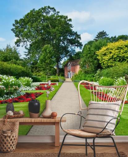 grön anpassad trädgårdslandskapstapetväggmålning kallad English Country Garden för vårdhem och kontor 