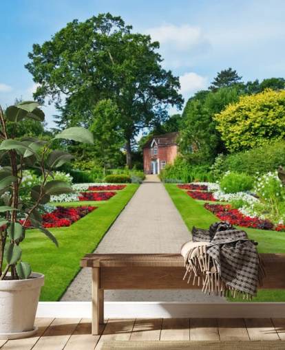 grünes kundenspezifisches Gartenlandschaftstapeten-Wandbild namens English Country Garden für Pflegeheime und Büros grünes kundenspezifisches Gartenlandschaftstapeten-Wandbild namens English Country Garden für Pflegeheime und Büros