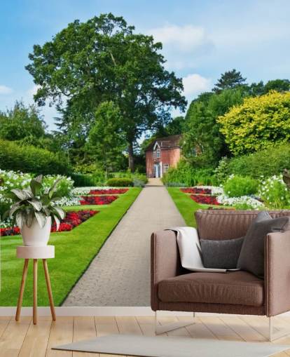 grön anpassad trädgårdslandskapstapetväggmålning kallad English Country Garden för vårdhem och kontor grön anpassad trädgårdslandskapstapetväggmålning kallad English Country Garden för vårdhem och kontor