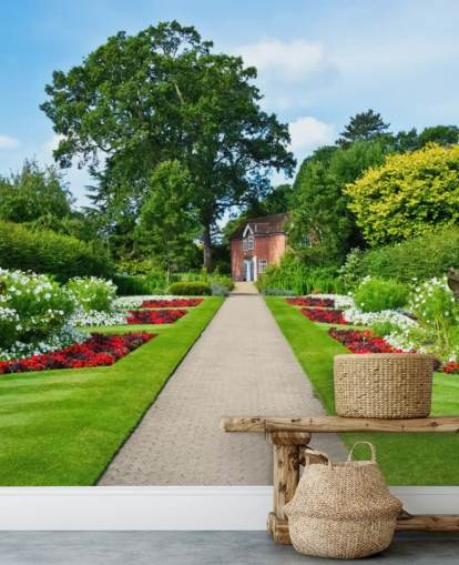 groene op maat gemaakte tuinlandschap behangmuurschildering genaamd English Country Garden voor verzorgingstehuizen en kantoren 