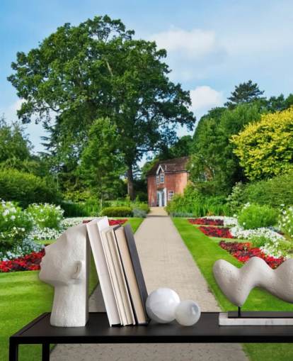 groene op maat gemaakte tuinlandschap behangmuurschildering genaamd English Country Garden voor verzorgingstehuizen en kantoren 