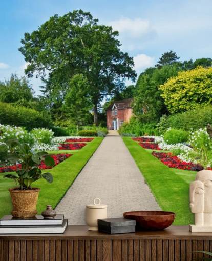 mural de papel de parede verde personalizado de paisagem de jardim chamado English Country Garden para casas de repouso e escritórios mural de papel de parede verde personalizado de paisagem de jardim chamado English Country Garden para casas de repouso e escritórios