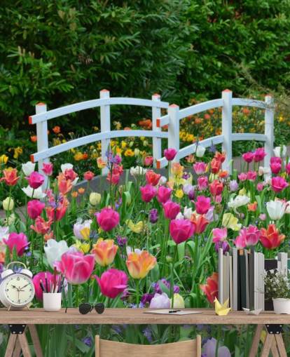 colorful garden wallpaper mural called Keukenhof Tulips for dining rooms and bedrooms