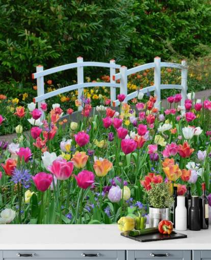 colorful garden wallpaper mural called Keukenhof Tulips for dining rooms and bedrooms