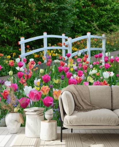 carta da parati murale colorata da giardino chiamata Keukenhof Tulips per sale da pranzo e camere da letto carta da parati murale colorata da giardino chiamata Keukenhof Tulips per sale da pranzo e camere da letto