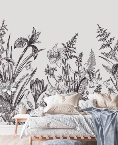 papier peint illustration florale noir et blanc