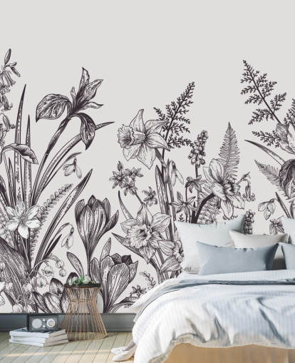 papel de parede de ilustração floral preto e branco papel de parede de ilustração floral preto e branco
