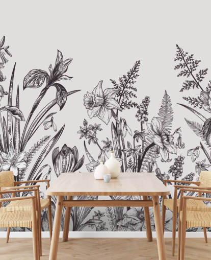 papier peint illustration florale noir et blanc