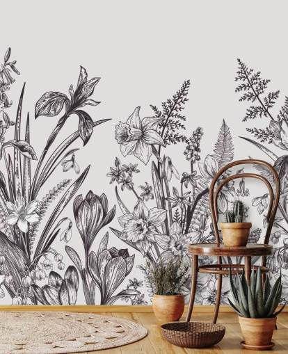 black and white floral illustration wallpaper