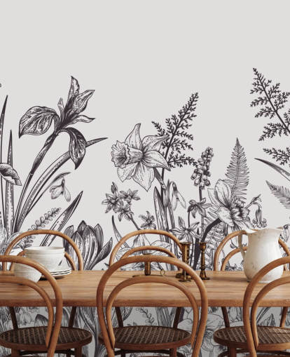 papel tapiz de ilustración floral en blanco y negro