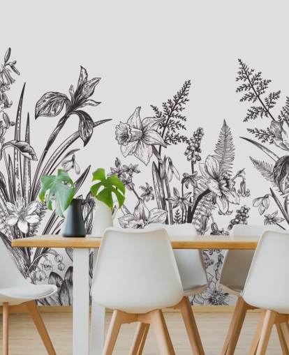 carta da parati illustrazione floreale in bianco e nero