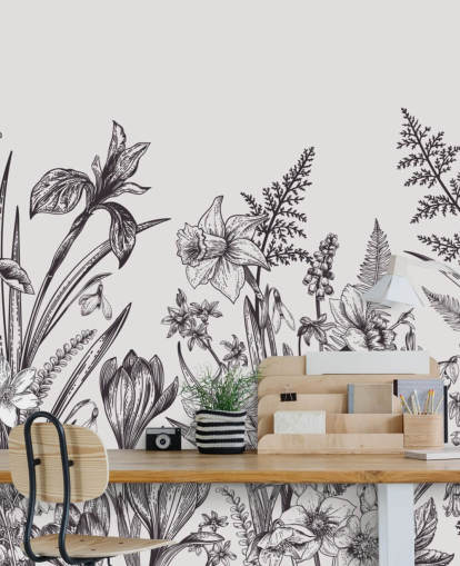black and white floral illustration wallpaper