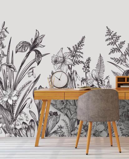 sort og hvid blomster illustration tapet