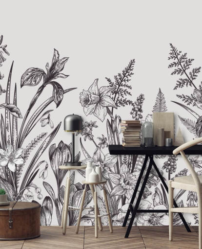 sort og hvid blomster illustration tapet