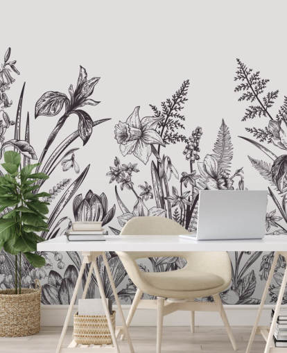 carta da parati illustrazione floreale in bianco e nero