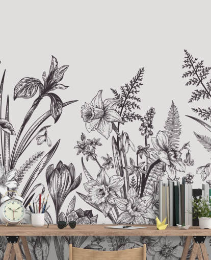 black and white floral illustration wallpaper