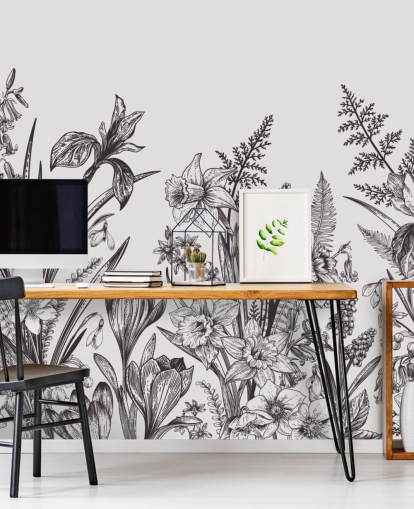 carta da parati illustrazione floreale in bianco e nero