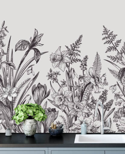 svart og hvit floral illustrasjon tapet