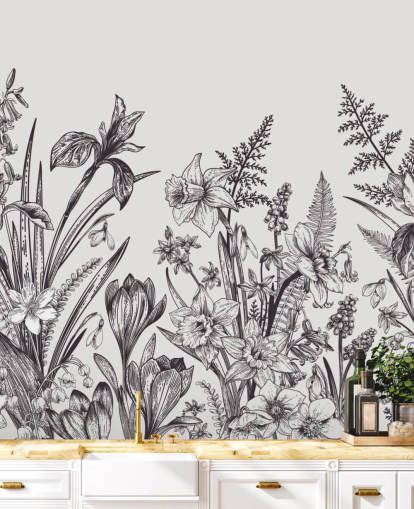 Schwarz-Weiß-Blumen-Tapete