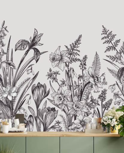 black and white floral illustration wallpaper